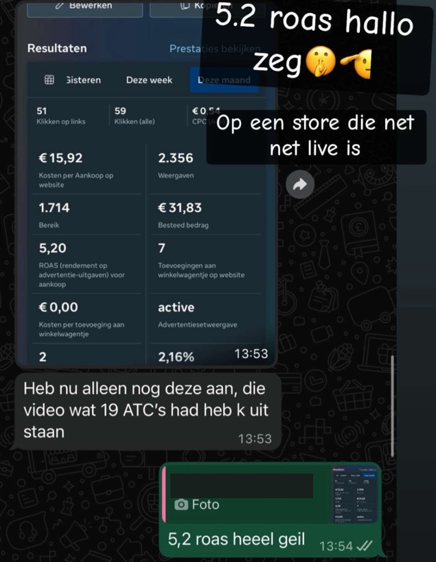 Geschoond advertentierapport met 5,20 ROAS en €31,83 advertentie-uitgaven.