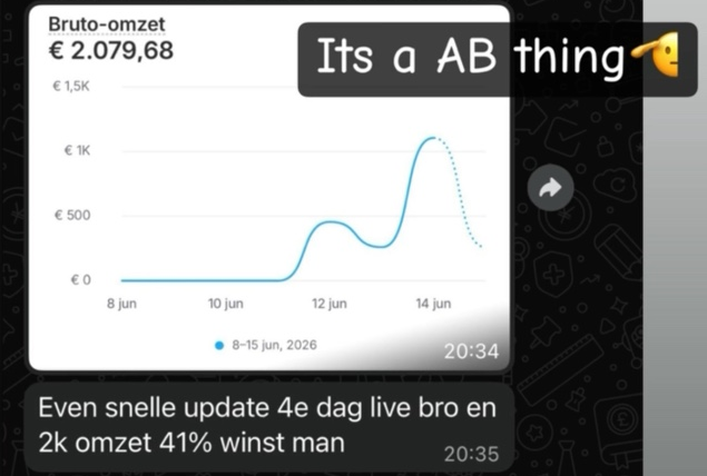 Geschoonde update met €2.079,68 bruto-omzet, grafiek van 8–15 juni 2026 en context over de vierde live-dag.
